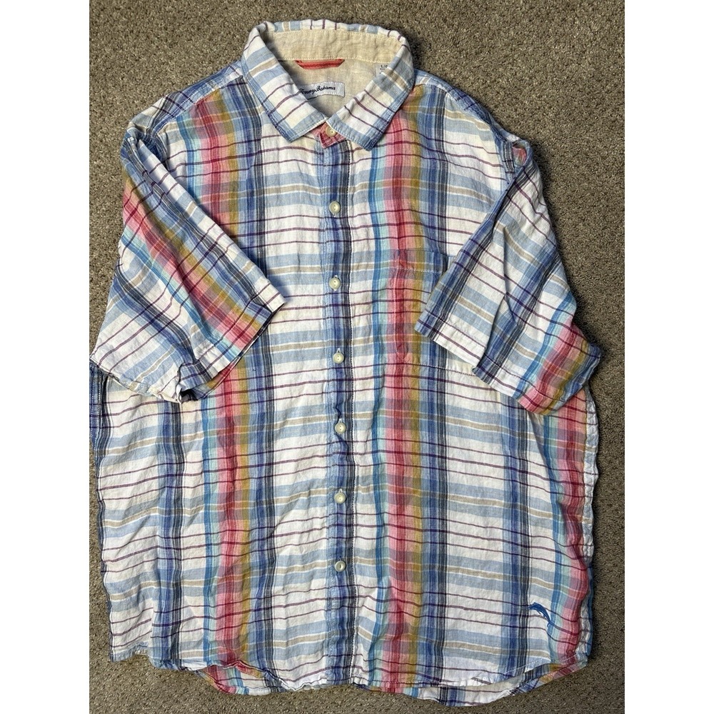 Tommy Bahama Mens L 100% Linen Button Down Shirt Plaid Short Sleeve Blue White - Picture 2 of 8